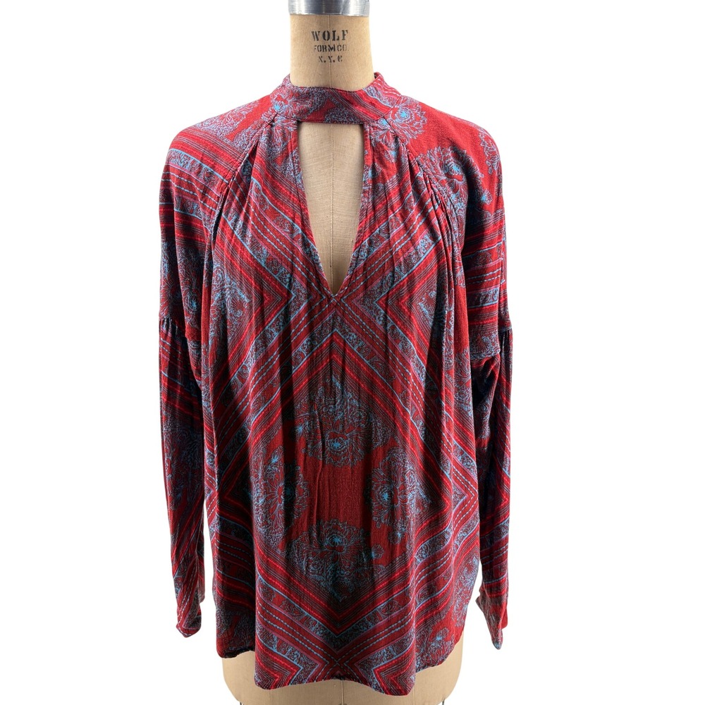 Free People Red Blue Paisley Keyhole Mock Neck Long Sleeve Blouse XS Flowy Folk